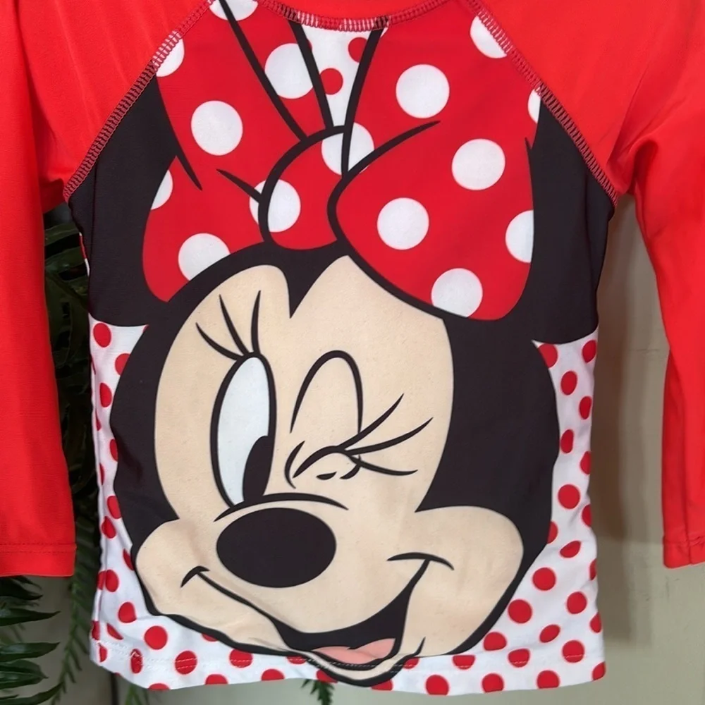 Disney Junior Minnie Mouse Swim Shirt Long Sleeved Polka Dot Red White Rashguard